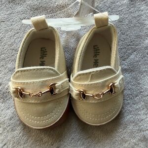 Little Me Cream Baby Loafers with Gold Accents